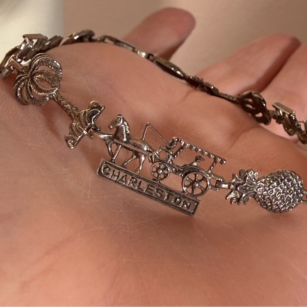 Vintage Sterling silver Charleston Horse Pineapple travel Charm Bracelet